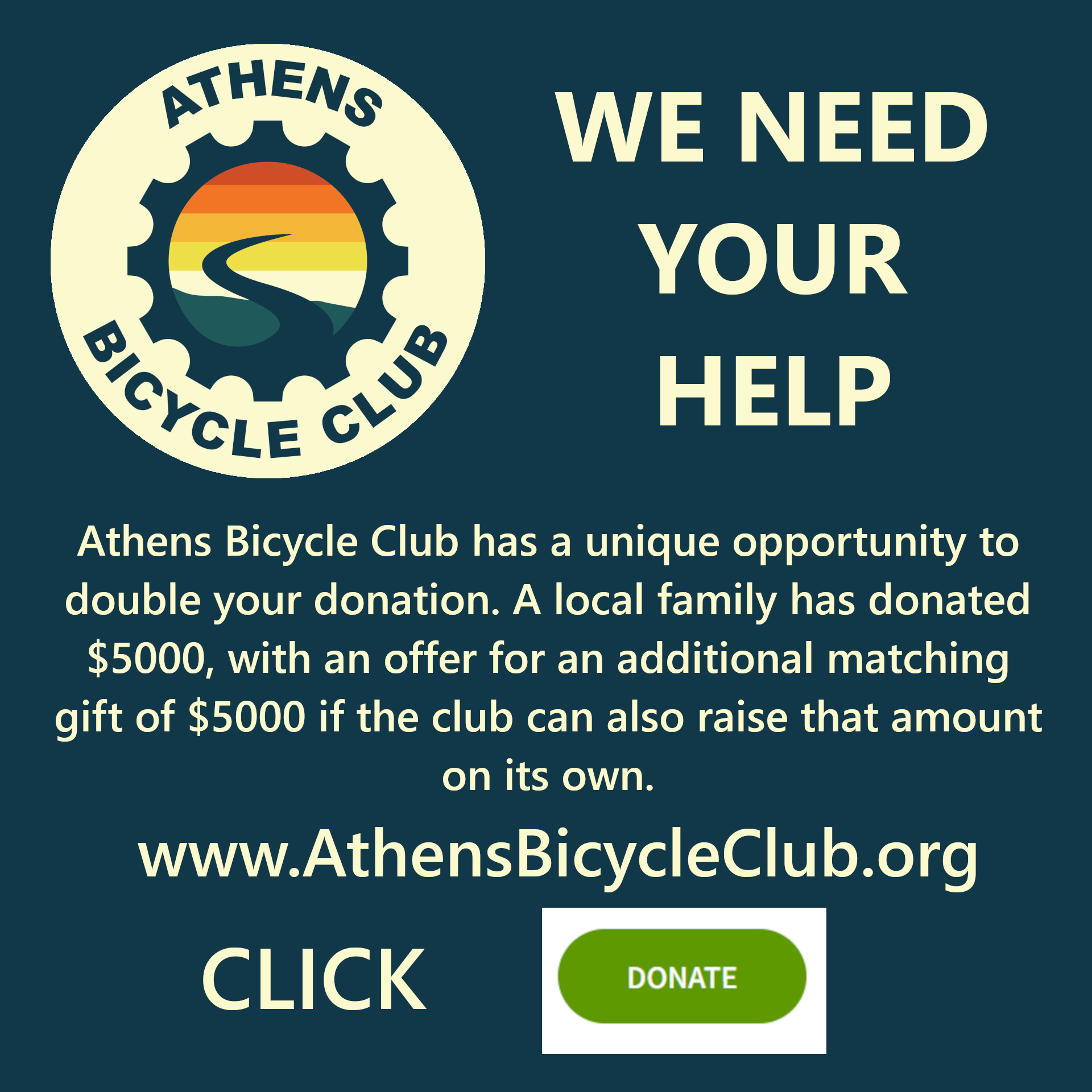 Graphic summarizes the Athens Bicycle Club Fundraising campaign and offers a donation link.